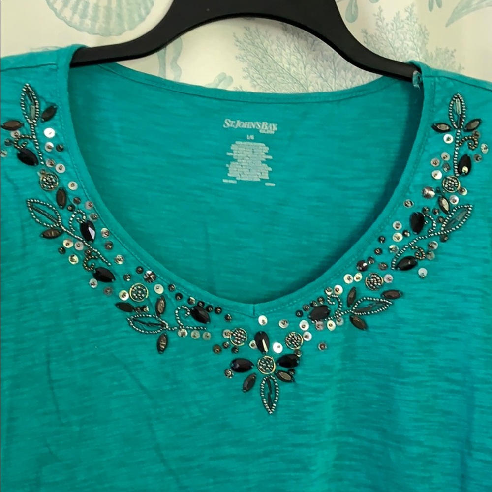 Teal Beaded St. John’s Bay T-Shirt L - Picture 2 of 2